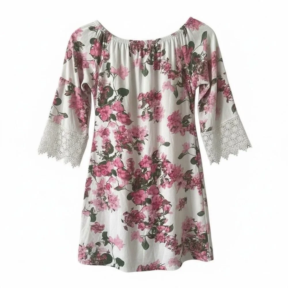 West Loop Floral Bell Lace Sleeve Tunic Top Stretch Shoulders Size Large - Picture 2 of 10